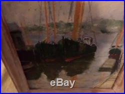 Antique / Vintage Sea Harbor Oil Painting On Board Framed -signed By Artist