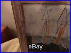 Antique / Vintage Sea Harbor Oil Painting On Board Framed -signed By Artist