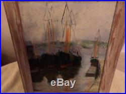 Antique / Vintage Sea Harbor Oil Painting On Board Framed -signed By Artist