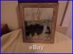 Antique / Vintage Sea Harbor Oil Painting On Board Framed -signed By Artist