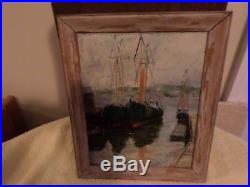 Antique / Vintage Sea Harbor Oil Painting On Board Framed -signed By Artist