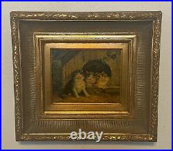 Antique Vtg Signed Gold Framed Oil on Board Wood Panel Painting Cats, Kittens
