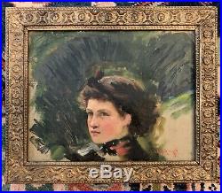 Antique c1890 Impressionist Portrait Of Young Woman Outside Sketch Signed