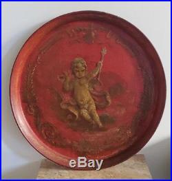 Antique or Vintage French Signed Painted Cherub Angel Tole Toleware Metal Tray