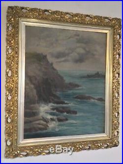 Antique vintage original signed oil painting in extremely ornate gilt frame 19c