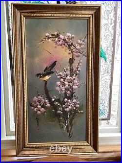 Artist signed Vintage Asian Painting Oil on Canvas Blooming Sakura