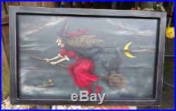BOARDWALK STUDIOS Original Painting Vintage Halloween WITCH with CAT 21x33 SIGNED