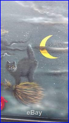 BOARDWALK STUDIOS Original Painting Vintage Halloween WITCH with CAT 21x33 SIGNED
