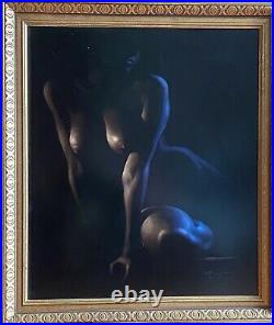 Beautiful Large Female Nude Original Vintage Acrylic on Stretched Black Canvas