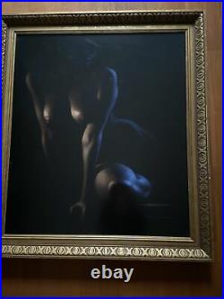 Beautiful Large Female Nude Original Vintage Acrylic on Stretched Black Canvas