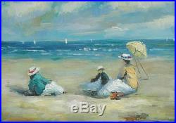 Beautiful Oil on Canvas Impressionist Vintage Beach Scene Illegibly Signed