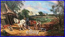 Beautiful Vintage Signed Oil Painting of Horses and Farmyard