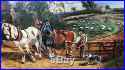 Beautiful Vintage Signed Oil Painting of Horses and Farmyard
