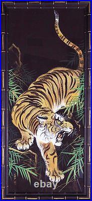 Bengal Tiger / Original Vintage Asian Gouache Painting On Silk 42 X 19 Framed