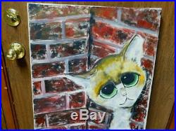 Big Eye Cat Painting Vintage Signed Original