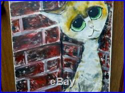 Big Eye Cat Painting Vintage Signed Original