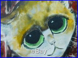 Big Eye Cat Painting Vintage Signed Original