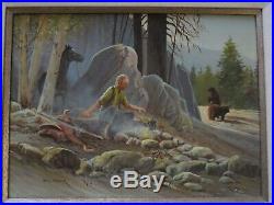 Bill Shaddix (b. 1931) Listed Vintage Bear Trouble Camping Landscape Painting
