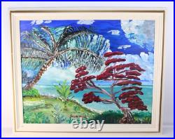 Blue & Red Lakeside Landscape Vintage Oil Painting Signed Eric de Vienne