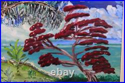 Blue & Red Lakeside Landscape Vintage Oil Painting Signed Eric de Vienne