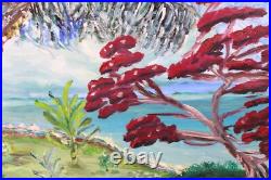 Blue & Red Lakeside Landscape Vintage Oil Painting Signed Eric de Vienne