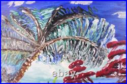 Blue & Red Lakeside Landscape Vintage Oil Painting Signed Eric de Vienne