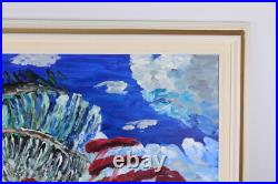 Blue & Red Lakeside Landscape Vintage Oil Painting Signed Eric de Vienne