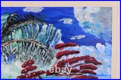 Blue & Red Lakeside Landscape Vintage Oil Painting Signed Eric de Vienne