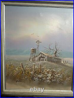 Breath Taking Vintage Framed Barn Country Side Oil Painting Signed 24X20 Cottage