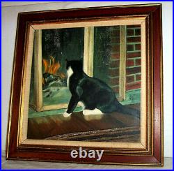 CAT & Brick FIREPLACE Vintage 1969 Oil Painting Signed Valiante Home Fire Screen