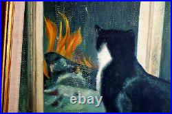 CAT & Brick FIREPLACE Vintage 1969 Oil Painting Signed Valiante Home Fire Screen