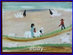 CLEMENTINE HUNTER oil painting on canvas, vtg stamped signed