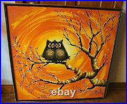 C. Roberts Painting Owls Canvas 37x37 Vtg 70s Mid Century Modern MCM Orange Vtg