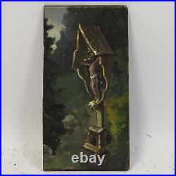 Ca. 1950 Vintage set of 6 oil paintings landscape with mountain sign 7,3 x 3,5 in