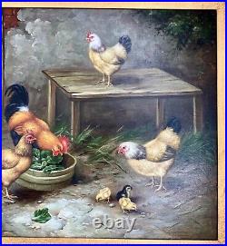 Chicken Painting Hen and Rooster Oil on Canvas Large Vintage Art Signed Borofsky