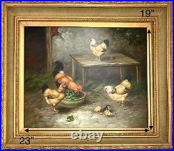Chicken Painting Hen and Rooster Oil on Canvas Large Vintage Art Signed Borofsky