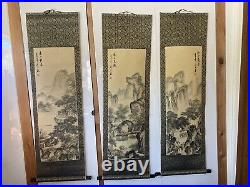 Chinese Antique Silk Scrolls Landscape Ink Paintings Set Of 3 4' Long Signed