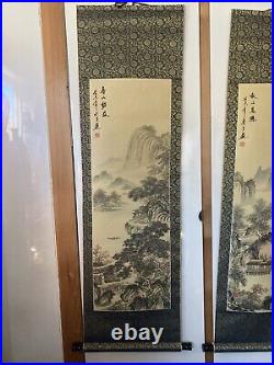 Chinese Antique Silk Scrolls Landscape Ink Paintings Set Of 3 4' Long Signed