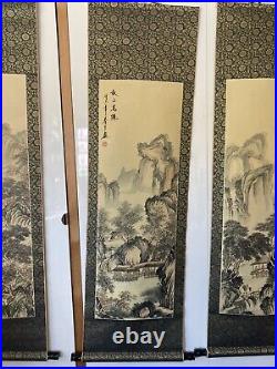 Chinese Antique Silk Scrolls Landscape Ink Paintings Set Of 3 4' Long Signed