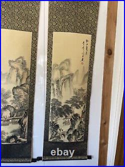 Chinese Antique Silk Scrolls Landscape Ink Paintings Set Of 3 4' Long Signed