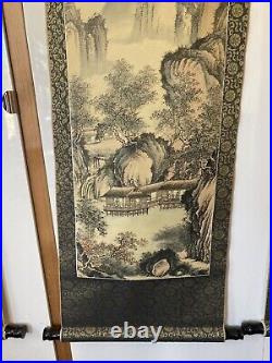 Chinese Antique Silk Scrolls Landscape Ink Paintings Set Of 3 4' Long Signed