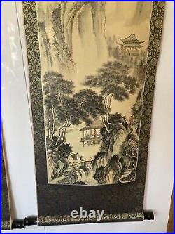 Chinese Antique Silk Scrolls Landscape Ink Paintings Set Of 3 4' Long Signed
