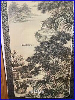 Chinese Antique Silk Scrolls Landscape Ink Paintings Set Of 3 4' Long Signed