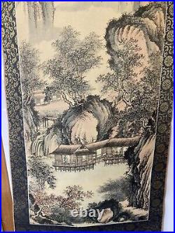 Chinese Antique Silk Scrolls Landscape Ink Paintings Set Of 3 4' Long Signed