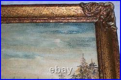 Circa 1940's Oil Painting WINTER WOODS Snowy Landscape & Cabin, Signed Corkum