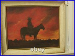 Cowboy at Sunset Western Art Painting Signed R. P. L. VTG Framed Canvas Board