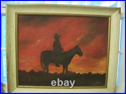 Cowboy at Sunset Western Art Painting Signed R. P. L. VTG Framed Canvas Board