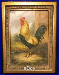 Cute Vintage Oil Painting On Panel Chicken Rooster Farm Painting Signed Marten