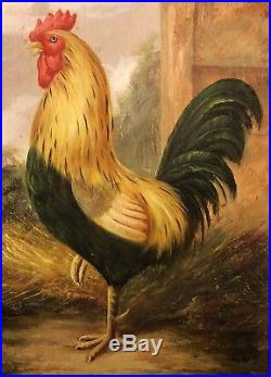 Cute Vintage Oil Painting On Panel Chicken Rooster Farm Painting Signed Marten