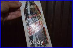 D-LITE BEVERAGES ICE COLD BOTTLE STAMPED PAINTED METAL DEALER SIGN 1950s VINTAGE